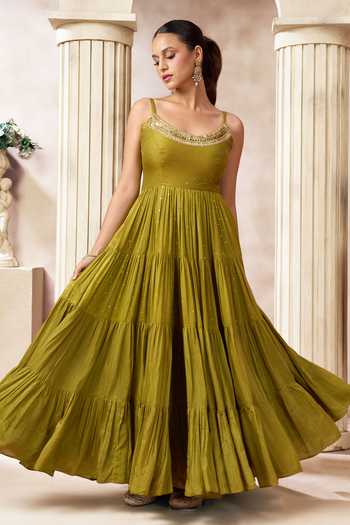 Shop_Arje India_Olive Green Silk, Cotton Scoop Neck Mukesh Multi Layered Maxi Dress _Online_at_Aza_Fashions