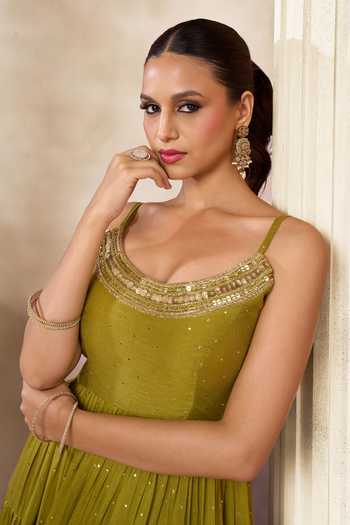 Arje India_Olive Green Silk, Cotton Scoop Neck Mukesh Multi Layered Maxi Dress _at_Aza_Fashions
