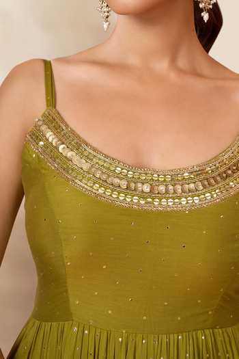 Buy_Arje India_Olive Green Silk, Cotton Scoop Neck Mukesh Multi Layered Maxi Dress 