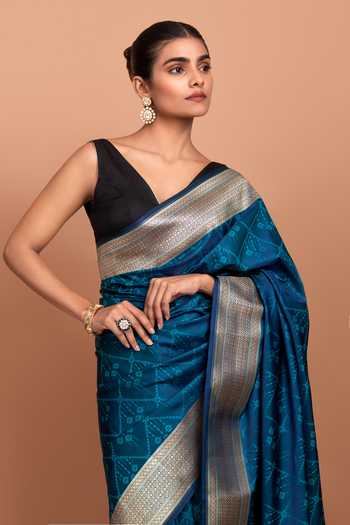Devissha Blue Silk Floral And Geometric Woven Saree Online at Aza Fashions Devissha_Blue Silk Floral And Geometric Woven Saree _Online_at_Aza_Fashions
