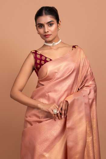 Devissha_Peach Silk, Banarasi Floral Vine Woven Saree _Online_at_Aza_Fashions