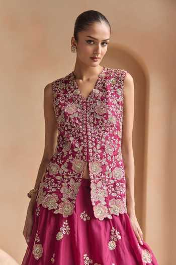 Osaa By Adarsh Magenta Organza V-neck Sangria Embroidered Jacket And Lehenga Set Online at Aza Fashions Osaa By Adarsh_Magenta Organza V-neck Sangria Embroidered Jacket And Lehenga Set _Online_at_Aza_Fashions