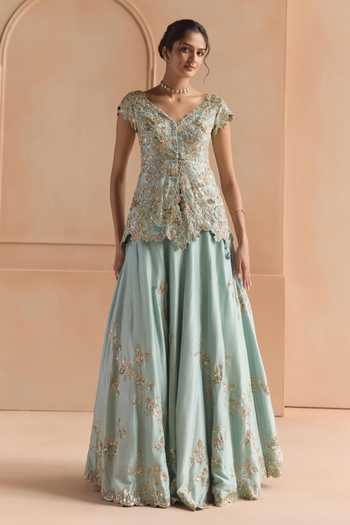 Osaa By Adarsh Teal Embroidered Peplum Jacket & Lehenga Set