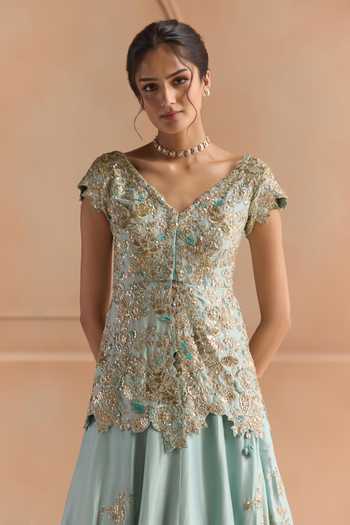 Osaa By Adarsh Blue Silk V-neck Teal Embroidered Peplum Jacket And Lehenga Set Online at Aza Fashions Osaa By Adarsh_Blue Silk V-neck Teal Embroidered Peplum Jacket And Lehenga Set _Online_at_Aza_Fashions