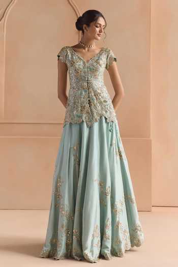Buy Osaa By Adarsh Blue Silk V-neck Teal Embroidered Peplum Jacket And Lehenga Set Online at Aza Fashions Buy_Osaa By Adarsh_Blue Silk V-neck Teal Embroidered Peplum Jacket And Lehenga Set _Online_at_Aza_Fashions