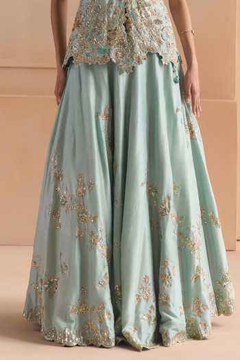 Shop Osaa By Adarsh Blue Silk V-neck Teal Embroidered Peplum Jacket And Lehenga Set Online at Aza Fashions Shop_Osaa By Adarsh_Blue Silk V-neck Teal Embroidered Peplum Jacket And Lehenga Set _Online_at_Aza_Fashions