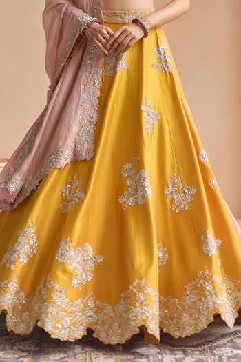 Osaa By Adarsh Yellow Silk Square Neck Marigold Embroidered Lehenga Set Online at Aza Fashions Osaa By Adarsh_Yellow Silk Square Neck Marigold Embroidered Lehenga Set _Online_at_Aza_Fashions