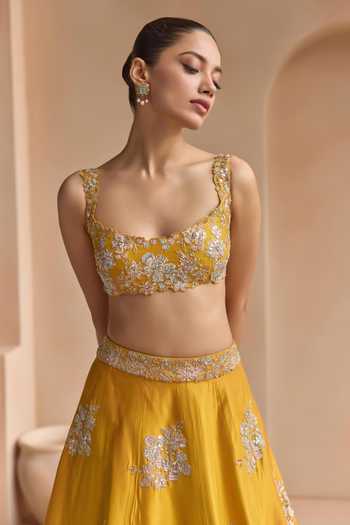 Buy Osaa By Adarsh Yellow Silk Square Neck Marigold Embroidered Lehenga Set Online at Aza Fashions Buy_Osaa By Adarsh_Yellow Silk Square Neck Marigold Embroidered Lehenga Set _Online_at_Aza_Fashions
