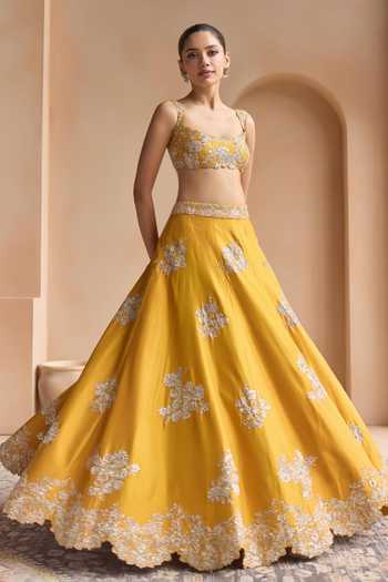 Shop Osaa By Adarsh Yellow Silk Square Neck Marigold Embroidered Lehenga Set Online at Aza Fashions Shop_Osaa By Adarsh_Yellow Silk Square Neck Marigold Embroidered Lehenga Set _Online_at_Aza_Fashions