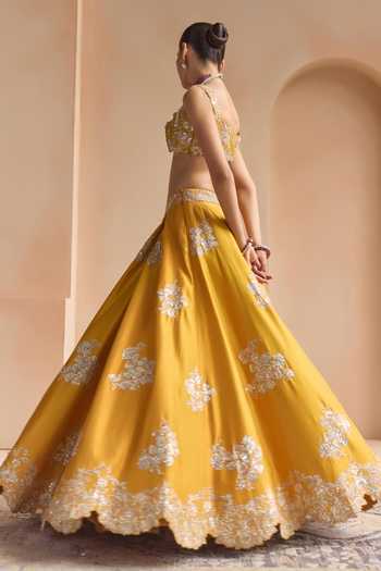 Osaa By Adarsh Yellow Silk Square Neck Marigold Embroidered Lehenga Set at Aza Fashions Osaa By Adarsh_Yellow Silk Square Neck Marigold Embroidered Lehenga Set _at_Aza_Fashions