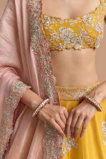 Buy Osaa By Adarsh Yellow Silk Square Neck Marigold Embroidered Lehenga Set Buy_Osaa By Adarsh_Yellow Silk Square Neck Marigold Embroidered Lehenga Set