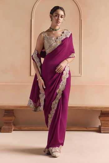 Osaa By Adarsh Aubergine Saree With Embroidered Blouse