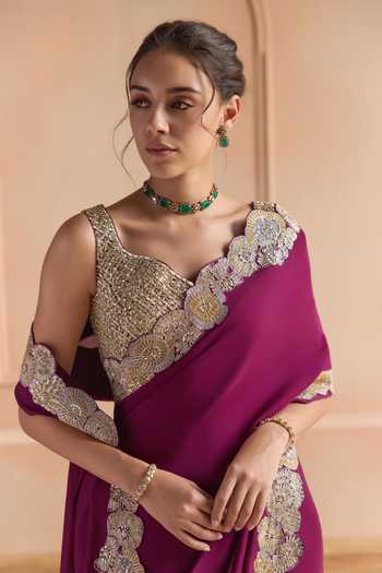 Osaa By Adarsh Purple Silk, Satin Sweetheart Neck Aubergine Saree With Embroidered Blouse Online at Aza Fashions Osaa By Adarsh_Purple Silk, Satin Sweetheart Neck Aubergine Saree With Embroidered Blouse _Online_at_Aza_Fashions