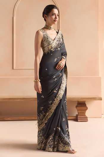 Osaa By Adarsh_Black Organza V-neck Embroidered Saree With Blouse _Online_at_Aza_Fashions