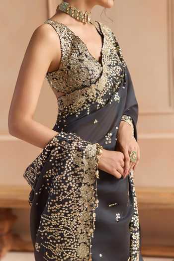 Buy_Osaa By Adarsh_Black Organza V-neck Embroidered Saree With Blouse _Online_at_Aza_Fashions