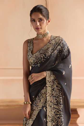 Shop_Osaa By Adarsh_Black Organza V-neck Embroidered Saree With Blouse _Online_at_Aza_Fashions