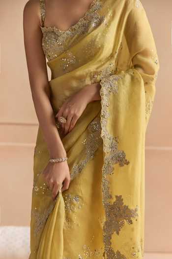 Osaa By Adarsh Yellow Organza Sweetheart Neck Butter Saree With Embroidered Blouse Online at Aza Fashions Osaa By Adarsh_Yellow Organza Sweetheart Neck Butter Saree With Embroidered Blouse _Online_at_Aza_Fashions