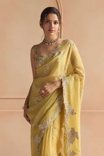 Buy Osaa By Adarsh Yellow Organza Sweetheart Neck Butter Saree With Embroidered Blouse Online at Aza Fashions Buy_Osaa By Adarsh_Yellow Organza Sweetheart Neck Butter Saree With Embroidered Blouse _Online_at_Aza_Fashions