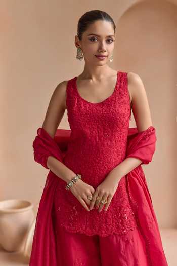 Osaa By Adarsh Red Organza Scoop Neck Rosewood Kurta Sharara Set Online at Aza Fashions Osaa By Adarsh_Red Organza Scoop Neck Rosewood Kurta Sharara Set _Online_at_Aza_Fashions