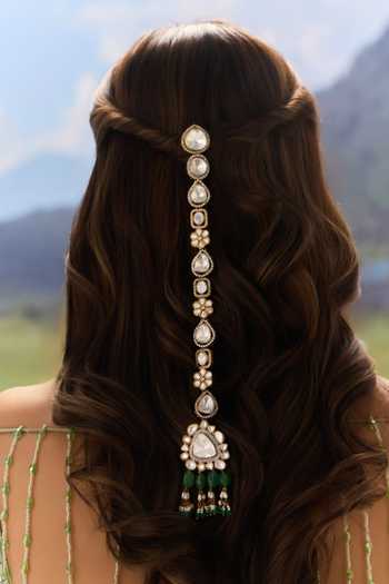 Paisley Pop_Green Polki Floral Pattern Braid Pin _Online_at_Aza_Fashions