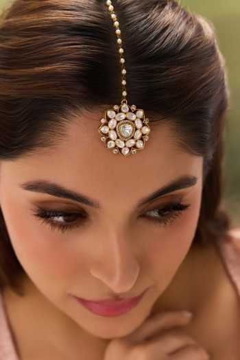 Paisley Pop_Gold Plated Floral Polki Maangtikka _Online_at_Aza_Fashions