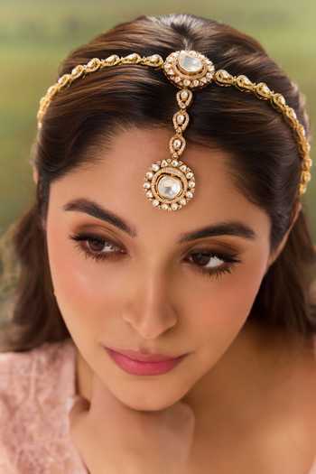 Paisley Pop Gold Plated Crystals, Gemstones Polki Embellished Mathapatti Online at Aza Fashions Paisley Pop_Gold Plated Crystals, Gemstones Polki Embellished Mathapatti _Online_at_Aza_Fashions