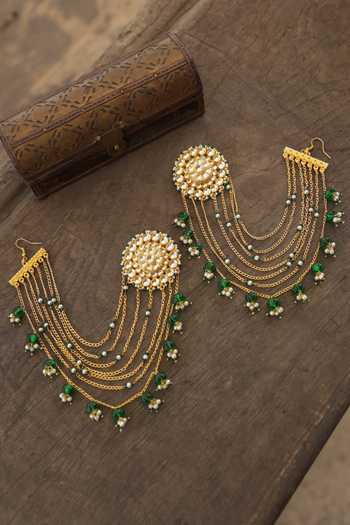 Paisley Pop Green Kundan Kaan Chain Stud Earrings 