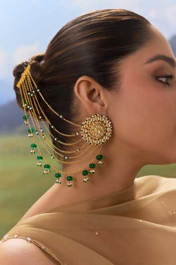 Paisley Pop Green Kundan Kaan Chain Stud Earrings Online at Aza Fashions Paisley Pop_Green Kundan Kaan Chain Stud Earrings _Online_at_Aza_Fashions