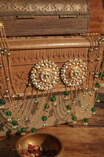 Shop Paisley Pop Green Kundan Kaan Chain Stud Earrings Online at Aza Fashions Shop_Paisley Pop_Green Kundan Kaan Chain Stud Earrings _Online_at_Aza_Fashions