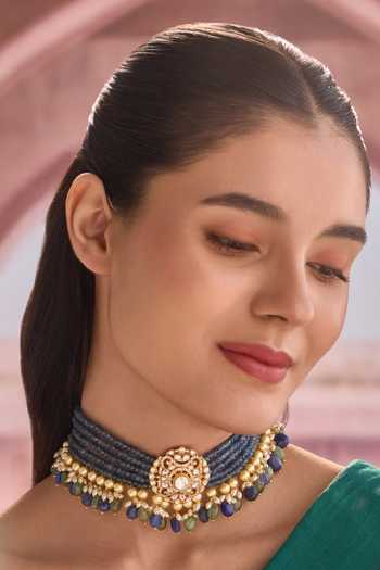 Paisley Pop_Blue Polki Choker Necklace _Online_at_Aza_Fashions