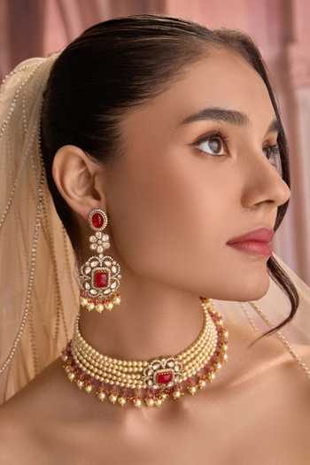 Paisley Pop Red Polki Embellished Necklace Set