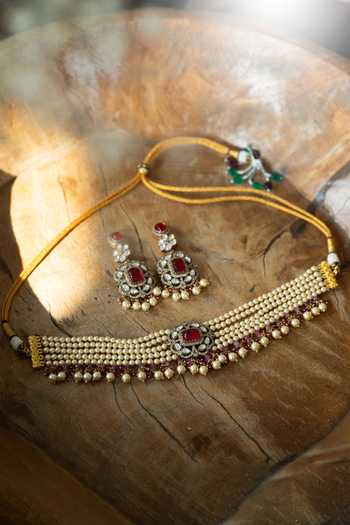 Paisley Pop Red Polki Embellished Necklace Set