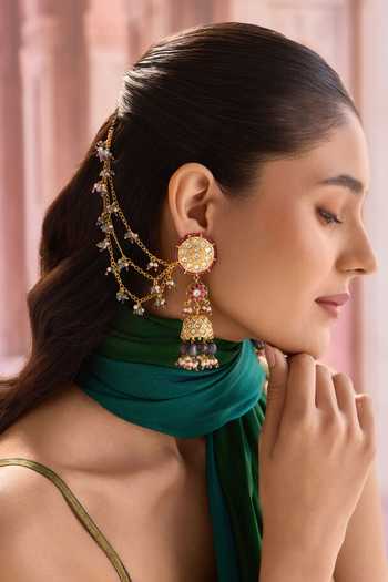 Paisley Pop Kundan Jhumka Earrings With Hair Chain