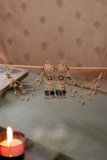 Paisley Pop Kundan Jhumka Earrings With Hair Chain