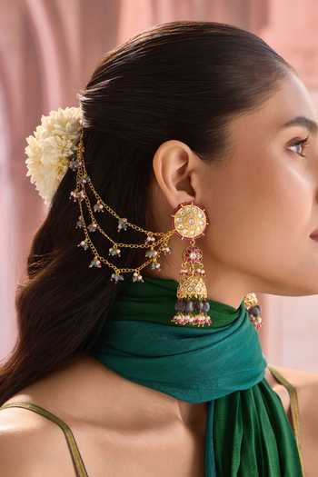 Paisley Pop Multi Color Kundan Jhumka Earrings With Hair Chain Online at Aza Fashions Paisley Pop_Multi Color Kundan Jhumka Earrings With Hair Chain _Online_at_Aza_Fashions