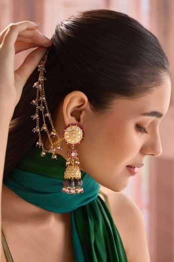 Buy Paisley Pop Multi Color Kundan Jhumka Earrings With Hair Chain Online at Aza Fashions Buy_Paisley Pop_Multi Color Kundan Jhumka Earrings With Hair Chain _Online_at_Aza_Fashions