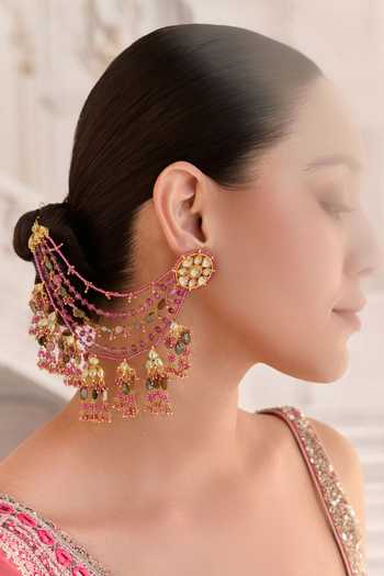 Paisley Pop_Multi Color Kundan Earrings With Kaan Chain _Online_at_Aza_Fashions