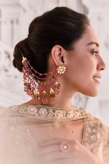 Buy_Paisley Pop_Multi Color Kundan Earrings With Kaan Chain _Online_at_Aza_Fashions