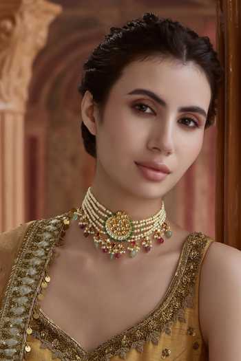 Paisley Pop_Multi Color Kundan And Pearls Choker Necklace _Online_at_Aza_Fashions