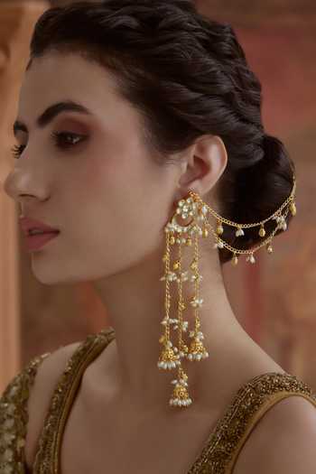 Paisley Pop Gold Plated Kundan Kaan Chain Long Earrings Online at Aza Fashions Paisley Pop_Gold Plated Kundan Kaan Chain Long Earrings _Online_at_Aza_Fashions