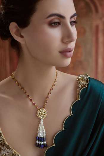 Paisley Pop_Blue Kundan Tassel Pendant Necklace _Online_at_Aza_Fashions