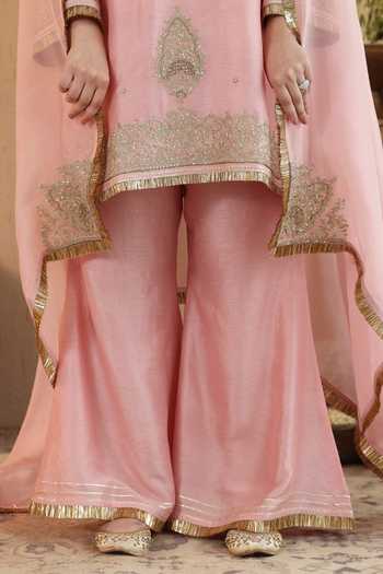 Buy Roohbyridhimaa Pink Silk, Organza, Viscose Split V-neck Powder Gulmarg Kurta Flared Pant Set Online at Aza Fashions Buy_Roohbyridhimaa_Pink Silk, Organza, Viscose Split V-neck Powder Gulmarg Kurta Flared Pant Set _Online_at_Aza_Fashions