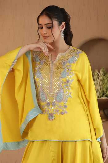 Buy Roohbyridhimaa Yellow Silk Satin V-neck Deedar Top And Pant Set Online at Aza Fashions Buy_Roohbyridhimaa_Yellow Silk Satin V-neck Deedar Top And Pant Set _Online_at_Aza_Fashions