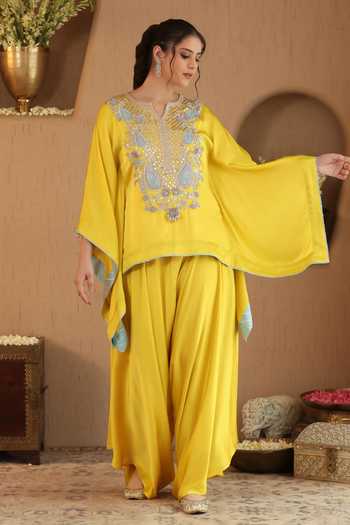 Shop Roohbyridhimaa Yellow Silk Satin V-neck Deedar Top And Pant Set Online at Aza Fashions Shop_Roohbyridhimaa_Yellow Silk Satin V-neck Deedar Top And Pant Set _Online_at_Aza_Fashions