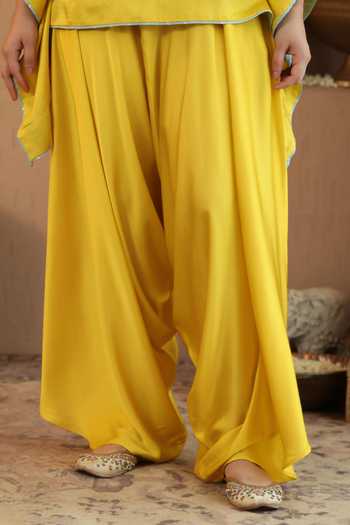 Buy Roohbyridhimaa Yellow Silk Satin V-neck Deedar Top And Pant Set Buy_Roohbyridhimaa_Yellow Silk Satin V-neck Deedar Top And Pant Set