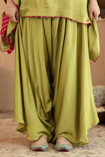 Buy Roohbyridhimaa Olive Green Silk Satin Split V-neck Deedar Top And Draped Pant Co-ord Set Online at Aza Fashions Buy_Roohbyridhimaa_Olive Green Silk Satin Split V-neck Deedar Top And Draped Pant Co-ord Set _Online_at_Aza_Fashions