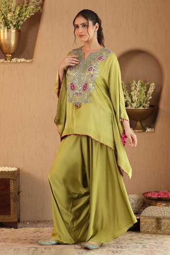 Shop Roohbyridhimaa Olive Green Silk Satin Split V-neck Deedar Top And Draped Pant Co-ord Set Online at Aza Fashions Shop_Roohbyridhimaa_Olive Green Silk Satin Split V-neck Deedar Top And Draped Pant Co-ord Set _Online_at_Aza_Fashions