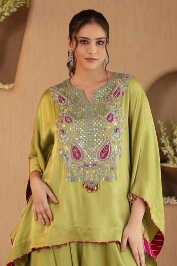 Roohbyridhimaa Olive Green Silk Satin Split V-neck Deedar Top And Draped Pant Co-ord Set at Aza Fashions Roohbyridhimaa_Olive Green Silk Satin Split V-neck Deedar Top And Draped Pant Co-ord Set _at_Aza_Fashions