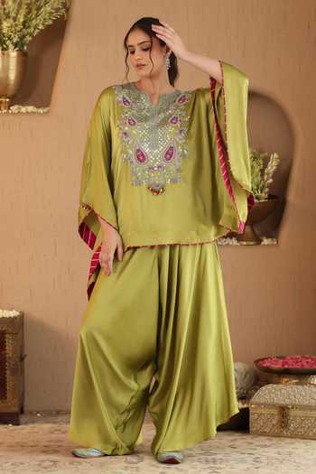 Buy Roohbyridhimaa Olive Green Silk Satin Split V-neck Deedar Top And Draped Pant Co-ord Set Buy_Roohbyridhimaa_Olive Green Silk Satin Split V-neck Deedar Top And Draped Pant Co-ord Set
