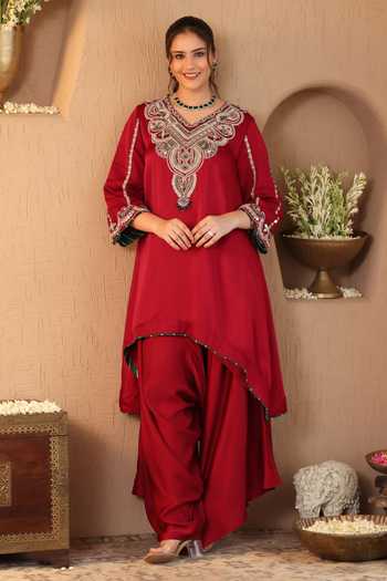 Roohbyridhimaa Ruby Red Kurta & Draped Pant Co-ord Set 